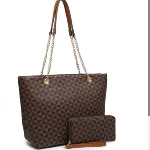Mogoram pattern chain tote and wallet - brown/coffee